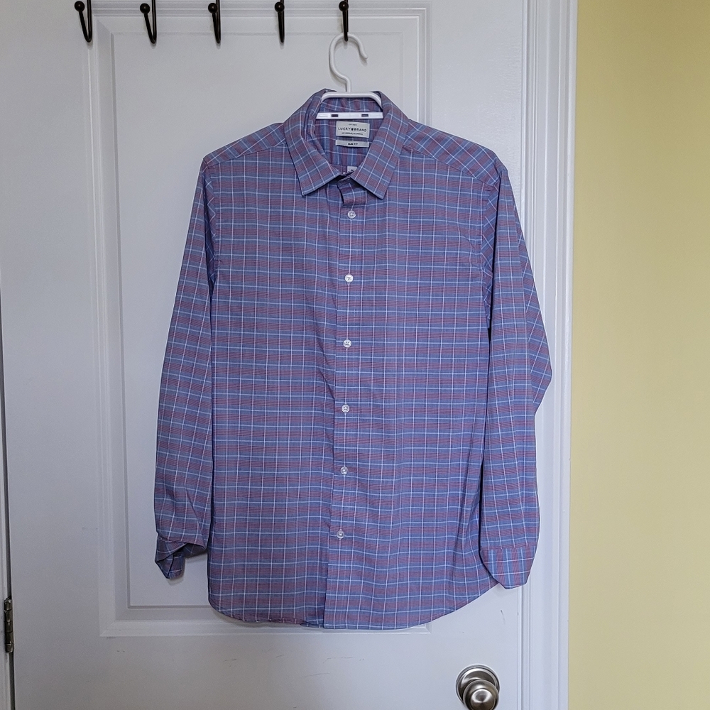 Lucky Brand shirt blue red plaid button down preppy office casual medium 15 neck